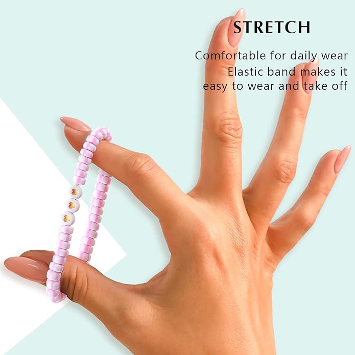 Friendship Bracelets Trendy Heishi Clay Bead Bracelets Stack Gold Beaded Stretch Bracelets for Women Boho Stackable Bracelets Bulk Cute Preppy Jewelry