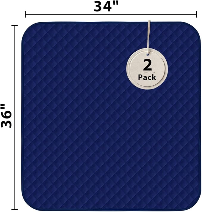Hide Stains Washable Waterproof 34x36 Inch (2 Pack) Incontinence Bed Pads, Bed Wetting & Pet Protection, Navy Blue - Ideal for Elderly, Adults, Kids and Pets