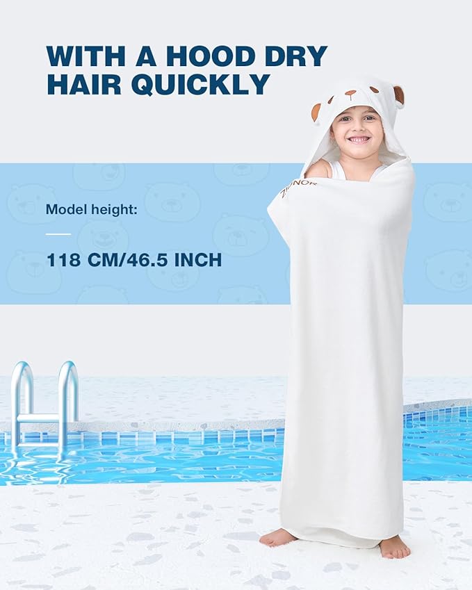 ZIONOR Hooded Bath Towel for Kids - 50''L x 35''W Extra-Large Hooded Towels for Big Kids 6-10, Kids Beach Towels Made from Bamboo Rayon, Suitable for Bath, Pool, Beach(White Bear)