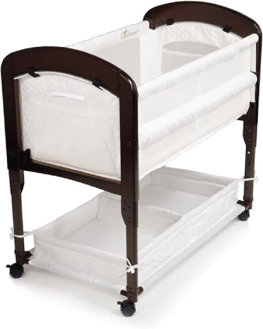 Arm’s Reach Cambria Co-Sleeper Bedside Bassinet Featuring Height-Adjustable Legs, Curved Wooden Ends, Breathable Mesh Sides with Pockets, and Large Lower Storage Basket, Espresso and White