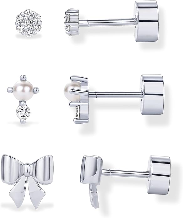 PAVOI 14K Gold Plated Dainty Flat Back Earrings for Women - Hypoallergenic Sterling Silver Posts Helix Cartilage Piercing Jewelry - Emoji Motif Bow Celestial Flatback Gold Stud Earrings Screw Back