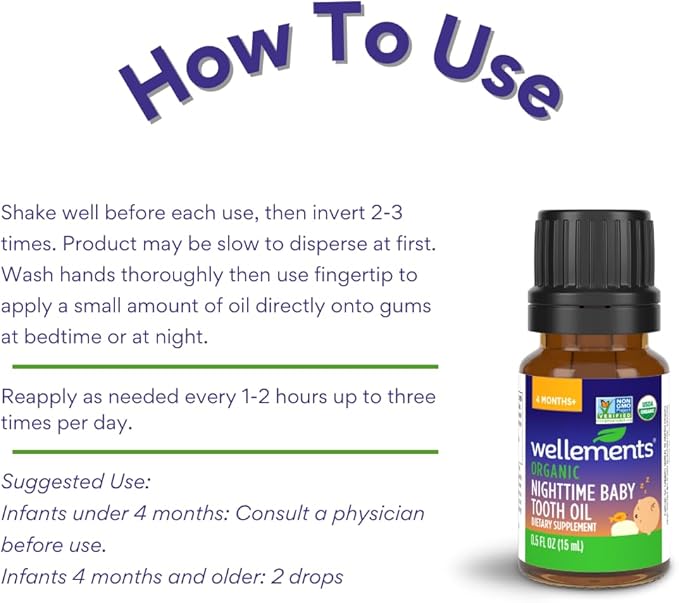 Wellements Organic Nighttime Baby Tooth Oil for 4 Months+ (0.5 Fl Oz) - Baby Teething Relief Oil* for Soothing & Massage for Tiny Gums* - Organic Blend of Essential Oils & Sleepy Time Herbs*