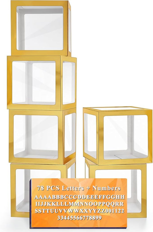 Ledido Gold Transparent Balloon Boxes with 78 Letters, Baby Boxes with Letters for Baby Shower Clear Letter Boxes for Party Graduation Wedding Birthday Baby Shower Decorations 6 PCS
