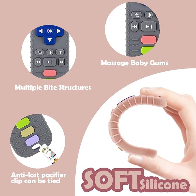 2 Pack Remote Teether for Toddlers, Silicone Teething Toys for 6-12 Months, Remote Control Shape Baby Teethers - Chew Toys Gift (Gray+Pink)