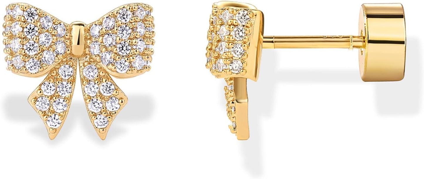 PAVOI 14K Gold Plated Dainty Flat Back Earrings for Women - Hypoallergenic Sterling Silver Posts Helix Cartilage Piercing Jewelry - Emoji Motif Bow Celestial Flatback Gold Stud Earrings Screw Back