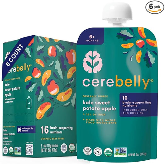 Cerebelly Baby Food Pouches – Organic Veggie Purees for Toddlers | No Added Sugar, Fiber, Non-GMO | Blended Toddler Pouches | 4 Ounce BPA-Free Pouch | Kale Sweet Potato Apple | 6 Count