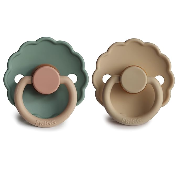 FRIGG Daisy Natural Rubber Baby Pacifier | Made in Denmark | BPA-Free (Willow/Croissant, 0-6 Months) 2-Pack
