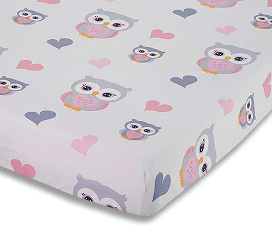EVERYDAY KIDS Baby Girl Fitted Crib Sheet Sweet Owls, 100% Soft Breathable Microfiber Baby Sheet, Fits Standard Size Crib Mattress 28in x 52in, Nursery Sheet