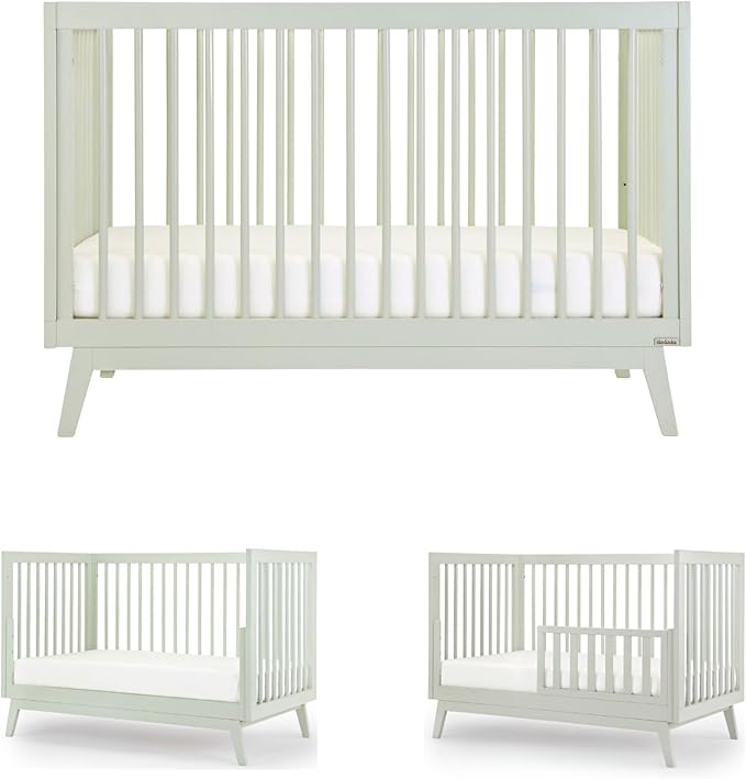 dadada Baby Soho 3 in 1 Convertible Wooden Crib to Toddler Bed - Made in Italy, GREENGUARD Gold Certified, Baby-Safe Finish, Sustainable Beech Wood, Modern Design, 3 Adjustable Heights (Sage)