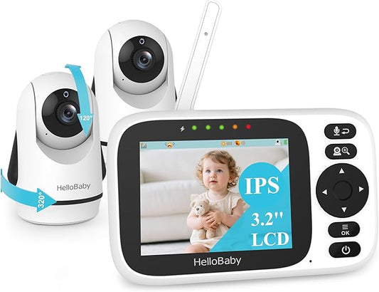 HelloBaby 3.2'' Baby Monitor 2 Cameras,Video Audio Baby Monitor No WiFi, Remote Pan-Tilt-Zoom,AUTO Night Vision, ECO, 2-Way Talk,8 Lullabies and 1000ft Range, Temperature, Gifts for Parents and Babies