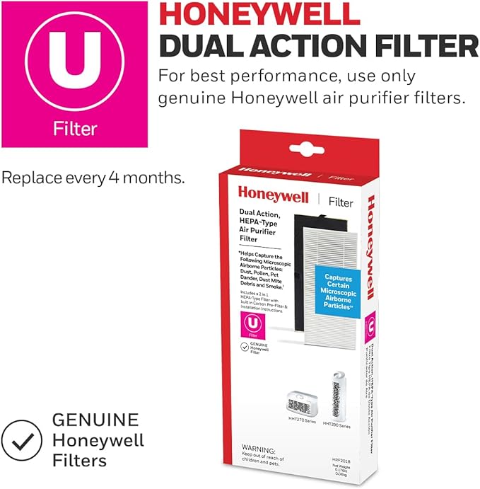 Honeywell Air Purifier for Home, 465 Ft² in 1 hour, Dual Action Filter, Reduces Dust, Pollen, Pet Dander, Odors, Smoke, Compact Allergen Reducer, White HHT270