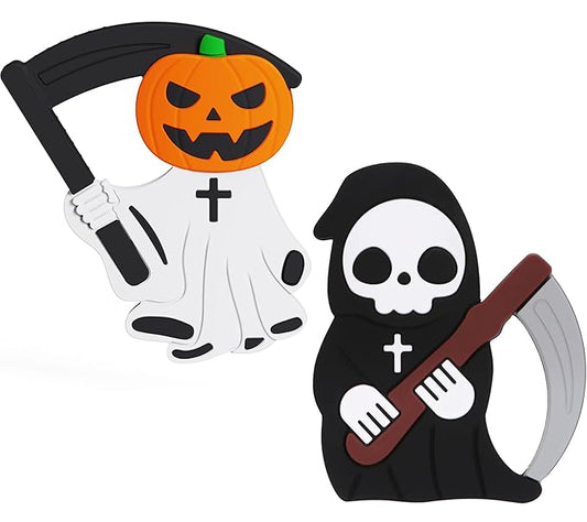 Halloween Baby Teething Toys 2Pack–Pumpkin Ghost & Grim Reaper Silicone Teethers for Newborns, Infants & Toddlers–Sensory Chew Toys for Teething Relief–Perfect Baby’s First Halloween Basket Stuffers