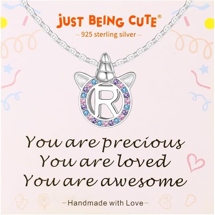 Unicorn Necklace for Girls, Initial Necklaces for Little Girls Kids Children, Hypoallergenic 925 Sterling Silver Kids Jewelry Colorful CZ Unicorn Gifts for Birthday Kindergarten Graduation Wedding