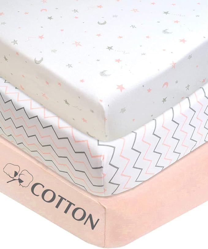 American Baby Company 3 Pack 100% Natural Cotton Fitted Crib Sheets 52" x 28" - Soft, Breathable, Hypoallergenic & Gentle Toddler Bed Sheets, Blush Pink Star/Zigzag, Neutral for Boys & Girls
