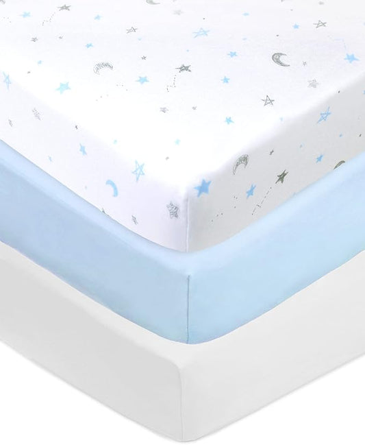 American Baby Company 3 Pack 100% Natural Cotton Fitted Crib Sheets 52" x 28" - Soft, Breathable, Hypoallergenic & Gentle Toddler Bed Sheets, Blue Stars/Blue/White, Neutral for Boys & Girls