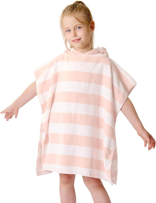 Toddler Bath Towel Poncho Thick Cotton Striped Beach Towels for Kids Gifts (2-6, Pink)
