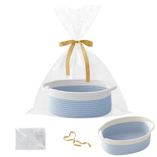 Gift Basket with Gift Bag and Ribbons,Small Rope Woven Shelf Storage,Baskets for Gifts Empty,Birthday,Shower,Decorative Organizer Box for Cat Dog Pet with Handles(White&Blue)