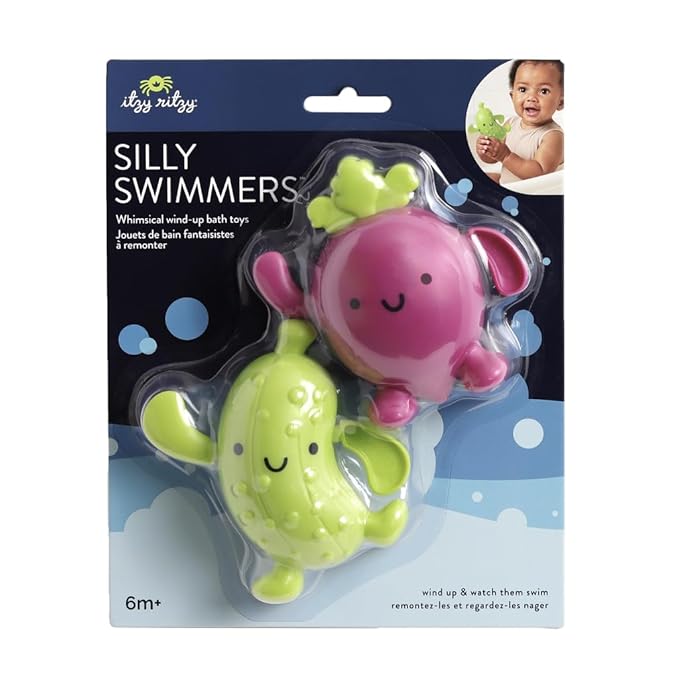 Itzy Ritzy Wind-Up Swimming Bath Toys – Set of 2 Wind-Up Floating Bath Toys - Water Playtime Set for Tub or Pool, Designed for Ages 6 Months and Up (Pickle & Beet)