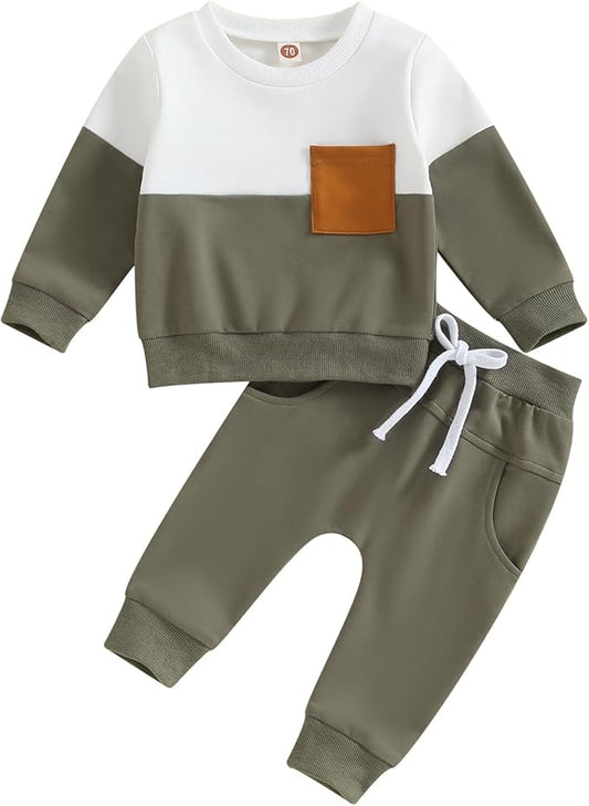 Kupretty Toddler Baby Boy Fall Winter Clothes Color Block Long Sleeve Sweatshirt Pullover Tops + Joggers Pants Outfit Set