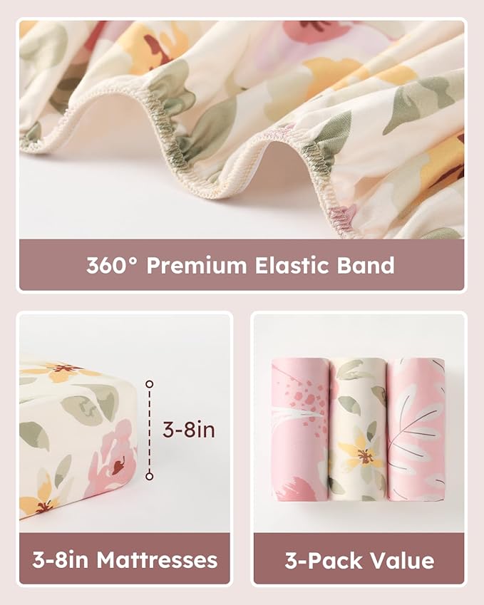 Baby Crib Sheets for Boys Girls, Fitted Crib Sheet Neutral 3 Pack for Standard Crib and Toddler Mattress, Breathable Soft Microfiber Baby Sheet 28x52x8in Pink Flowers & Leaf