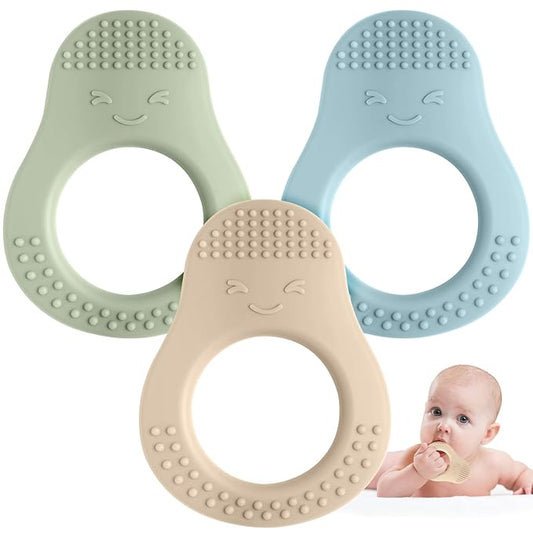 Baby Teething Toys - 3 Pack Teethers for 3-6 & 6-12 Months, Avocado Shape Silicone Teether with Easy to Hold, BPA Free