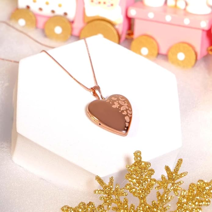 PicturesOnGold.com Personalized Heart Shaped Butterflies Photo Locket Necklace - 3/4 inch x 3/4 inch - Includes 18 inch Chain - Custom Engraved Picture Locket Necklace for Women