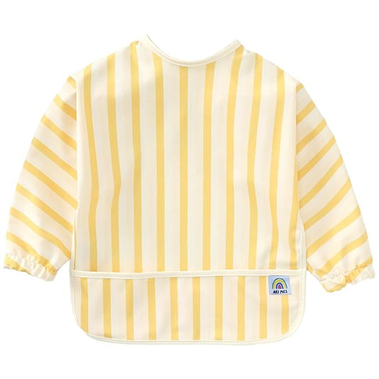 ARI MES Long Sleeves Waterproof Baby Bibs for Eating - Yellow Stripes, Medium- Wearable, Coverall for Toddler, Long Sleeve Bib, Smock for Toddler, Apron for Feeding - Applicable for 6-72 Months
