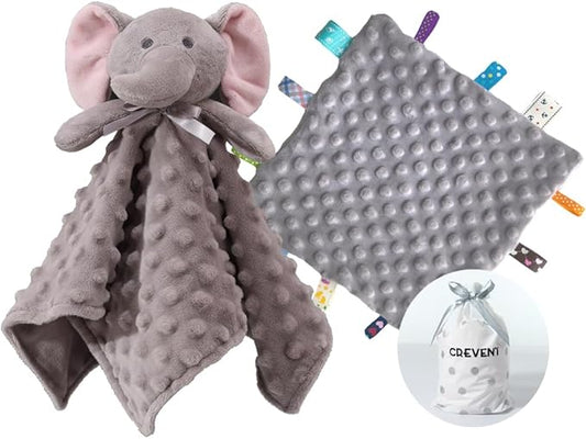 CREVENT Cozy Plush Baby Security Blanket Loveys for Baby Boys and Girls, Minky Dot Front + Sherpa Backing with Animal Head (Grey Elephant + Tag)