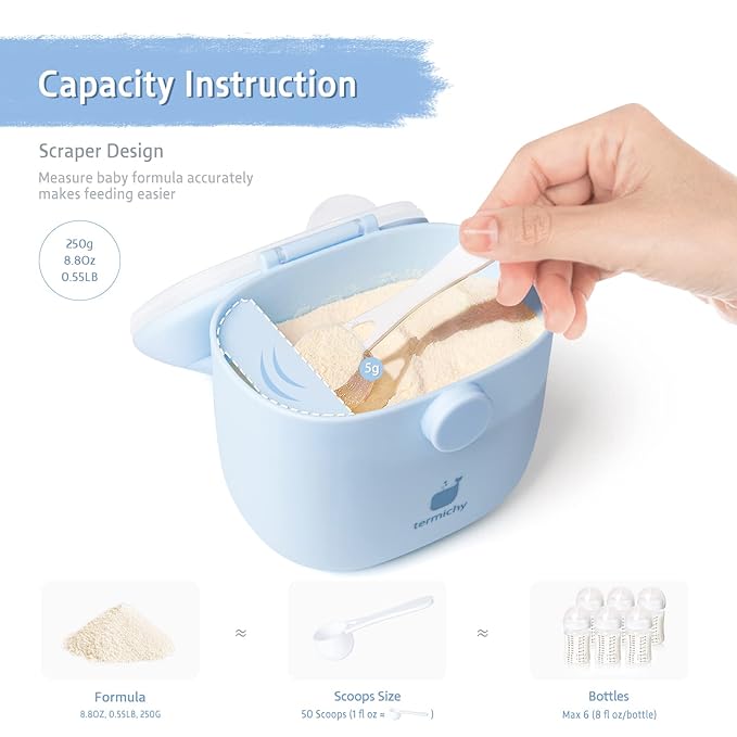 Termichy Baby Formula Dispenser, Portable Milk Powder Dispenser Container with Carry Handle and Scoop for Travel Outdoor Activities with Baby Infant, 8.8OZ, 0.55LB, 250g, 500ml (Light Blue)