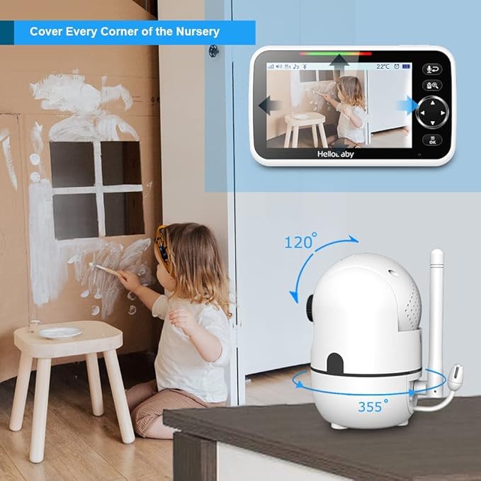 HelloBaby HB6550 5" Baby Monitor 4 Cameras No WiFi, 26-Hour Battery, Pan-Tilt-Zoom, 1000ft Range Video Audio Baby Monitor, ECO, Night Vision, 2-Way Talk, 8 Lullabies and Temperature, Ideal Gifts