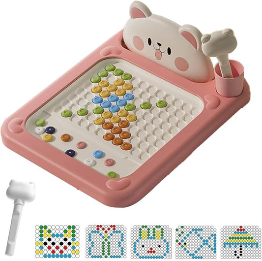 Cartoon Magnetic Drawing Board, Shiba and Bear Dot Art，Interactive Bead Art Board with Pen, Shiba Inu Bear Styles, Travel Board for Creativity, Fine Motor Skills (Pink, Large)