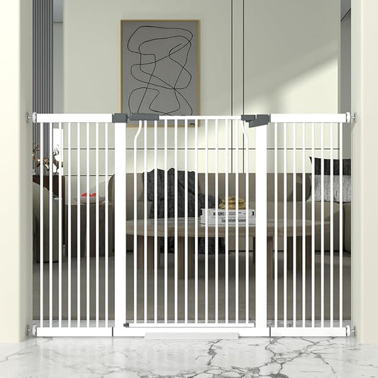 41" Extra Tall Cat Gate for Doorways and Stairs No Drill, Adjustable 54.8-60.2'' Auto Close Dog Gate Indoor, Pressure Mounted Walk Through Swing Wide Pet Gate, Tall Baby Gate with Expansion Kit, White