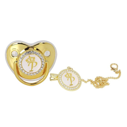 Personalized Golden Letter Baby Pacifier with Clips, Anti-Dust Cover for Newborn Photography, Letter P