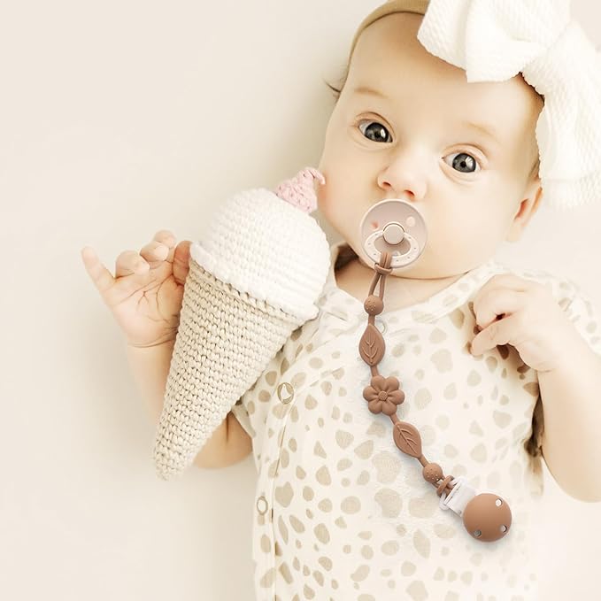 Pacifier Clips for Baby Silicone Pacifier Holder Clips for Boys Girls One Piece Baby Binky Clips YIVEKO Pacifier Clips Flower 3Pcs-Ivory+Sage+Brown