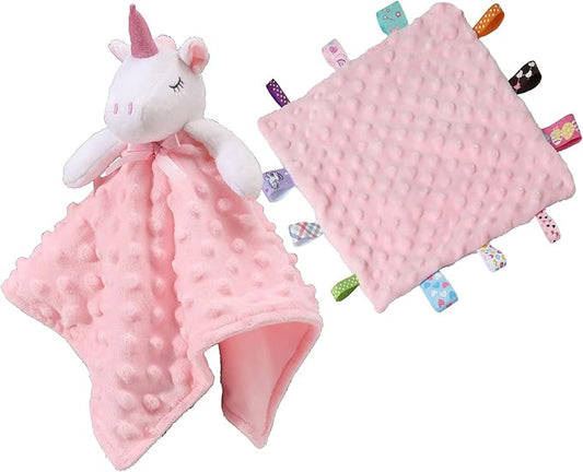 CREVENT Cozy Plush Baby Security Blanket Loveys for Baby Girls, Minky Dot Front + Sherpa Backing with Animal Face (Pink Unicorn + Tag)