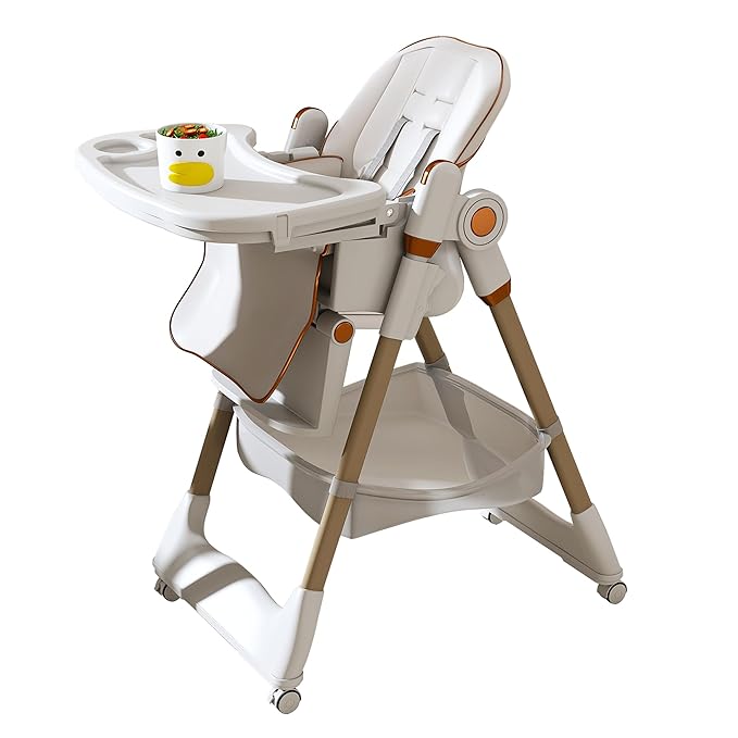 3-in-1 Foldable High Chair for Babies & Toddlers, Adjustable Height, Reclining Seat, Wheels with Safety Locks, Removable Tray, Space-Saving Multifunctional Baby Dining Chair (White)