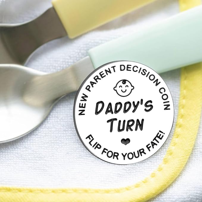 Fathers Day New Baby Gifts for Parents,Double-Sided Decision Coin Gift for New Mom & Dad, Funny Baby Shower Gifts for Couple, Gift for Pregnant Women as Thanksgiving Christmas Gift，A-Silver,2PCS