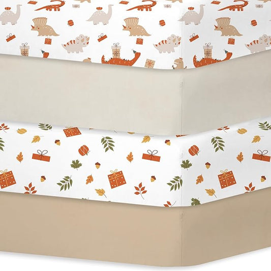 Bimocosy Crib Sheets for Boys Girls, Fitted Crib Sheet 4 Pack for Standard Crib and Toddler Mattresses, Super Soft Breathable Microfiber Baby Sheet 28"x 52", Dinosaur/Leaves/Khaki/Beige