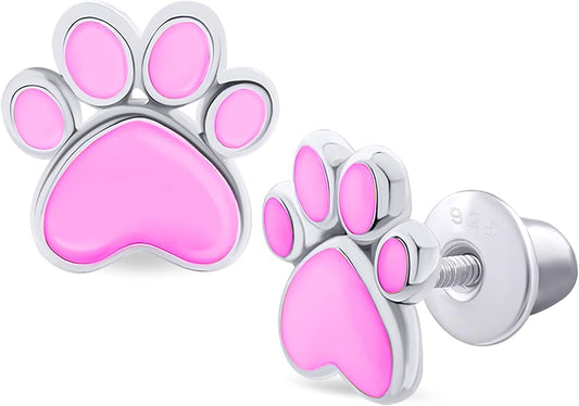 925 Sterling Silver Paw Pink Stud Earrings for Girls Hypoallergenic Safety Screw Back Rhodium Plated - Paw Pink Gifts Earrings for Baby Toddlers Little Teens Kids Jewelry