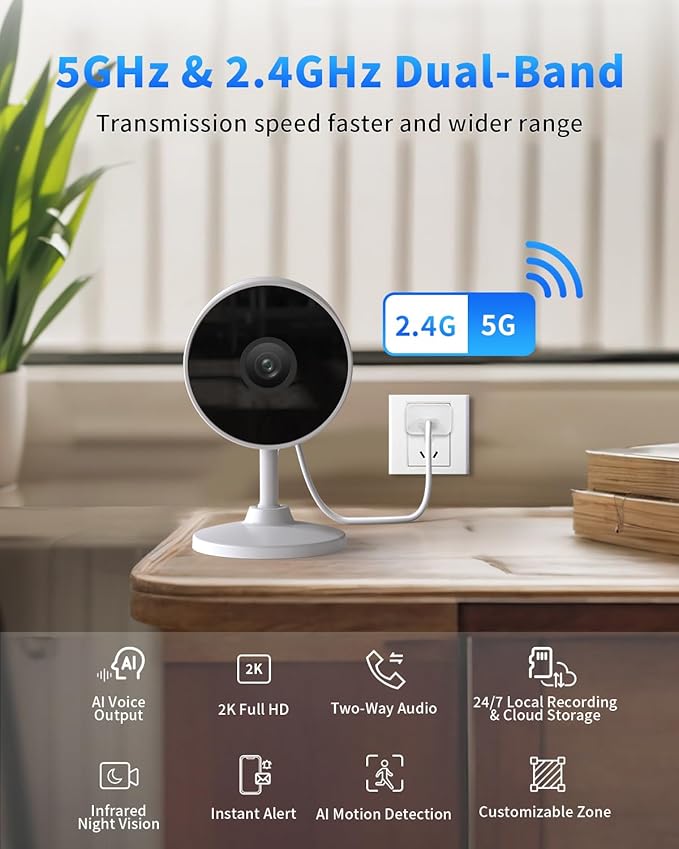[5G & 2.4G] 2K Indoor Security Cameras for Home Security, AI Voice Change for 2-Way Talk, Motion Detection, Night Vision, 24/7 SD Recording/Cloud Storage, Baby Monitor/Dog/Pet Camera with Phone App, 2