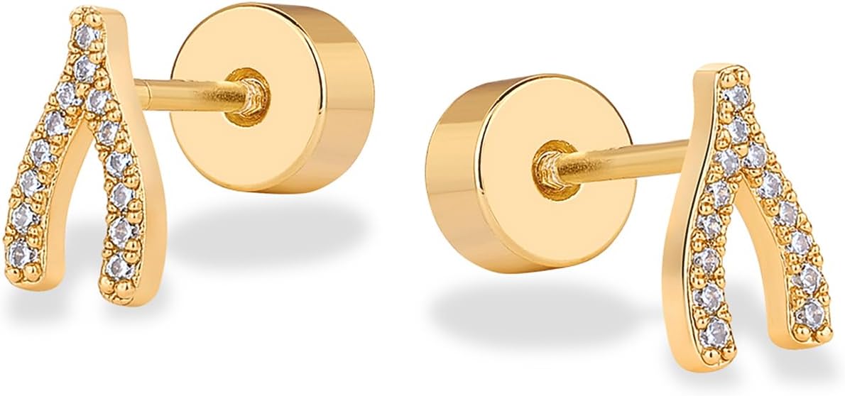 PAVOI 14K Gold Plated Dainty Flat Back Earrings for Women - Hypoallergenic Sterling Silver Posts Helix Cartilage Piercing Jewelry - Emoji Motif Bow Celestial Flatback Gold Stud Earrings Screw Back