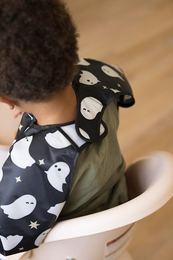 Tiny Twinkle Mess Proof Baby Bib,Waterproof Smock Baby Bib for Eating,Machine Washable Long Sleeve Bib,Baby Led Weaning,Toddler Bib,BLW Supplies (Ghosts, Small 6-24 Months)
