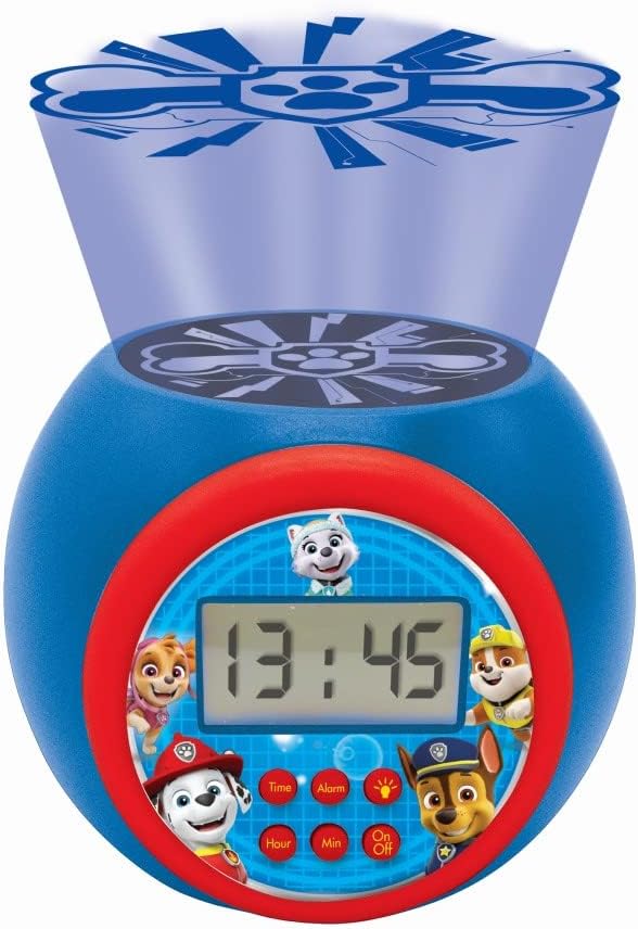 LEXIBOOK - Paw Patrol Projector Alarm Clock with Snooze Function and Alarm Function,Night Light with Timer, LCD Screen, Battery Operated, Blue/Red, RL977PA