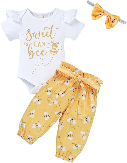 GRNSHTS Infant Baby Girl Bumble Bee Clothes Letter Print Romper Honey Bees Pants Bowknot Headband Outfits Set