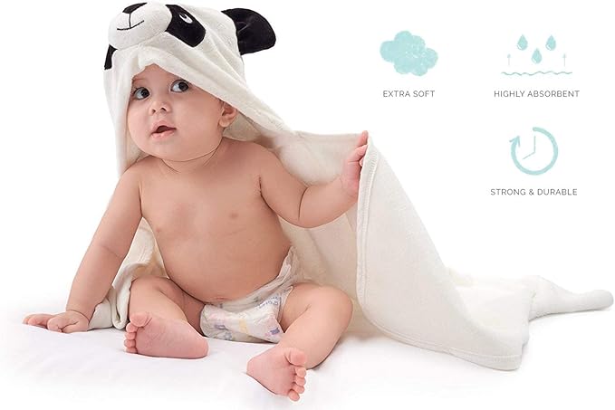 HIPHOP PANDA Hooded Towel - Rayon Made from Bamboo, Bath Towel with Bear Ears for Newborn, Babie, Toddler, Infant - Absorbent Large Baby Towel - Panda, 37.5 x 37.5 Inch