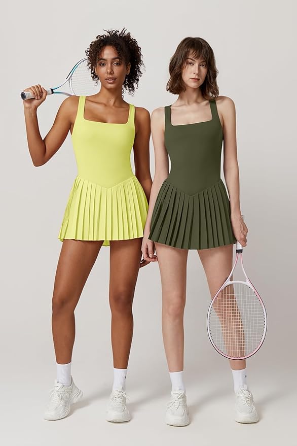 QINSEN Womens Square Neck Tennis Dress Pleated Sleeveless Built in Shorts Golf Athletic Dress with Pockets