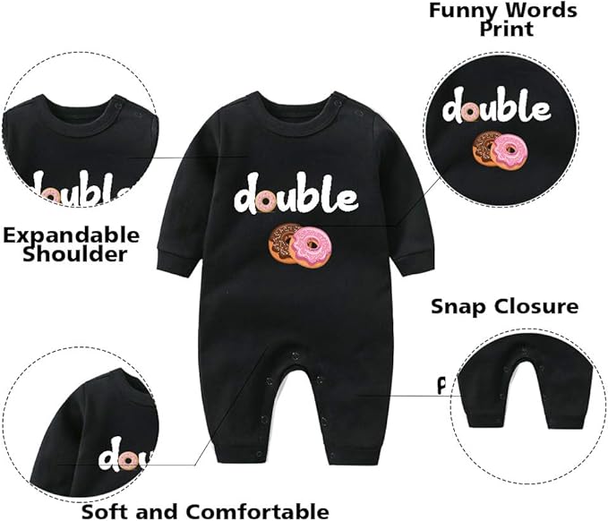 YSCULBUTOL Baby Twins Bodysuits Funny Double Trouble Cute Girl Romper Twin Jumpsuits Hat Set