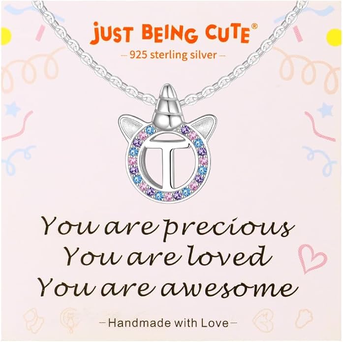 Unicorn Necklace for Girls, Initial Necklaces for Little Girls Kids Children, Hypoallergenic 925 Sterling Silver Kids Jewelry Colorful CZ Unicorn Gifts for Birthday Kindergarten Graduation Wedding