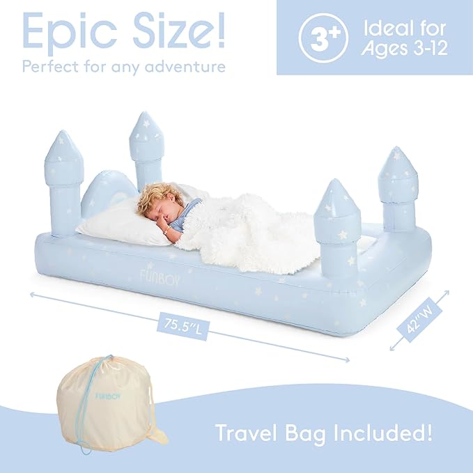 FUNBOY Kids Blue Castle Sleepover Travel Bed & Air Mattress. Perfect for Sleepovers. Includes Carrying Storage Bag, Twin