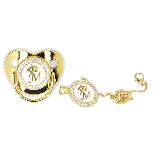 Personalized Golden Letter Pacifier Set with Bling Design, Clips, Anti-Dust Cover for Baby Photography, Size M